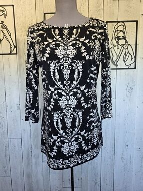 Neu Options Black & White Baroque Print Tunic Top Size S Business Going Out